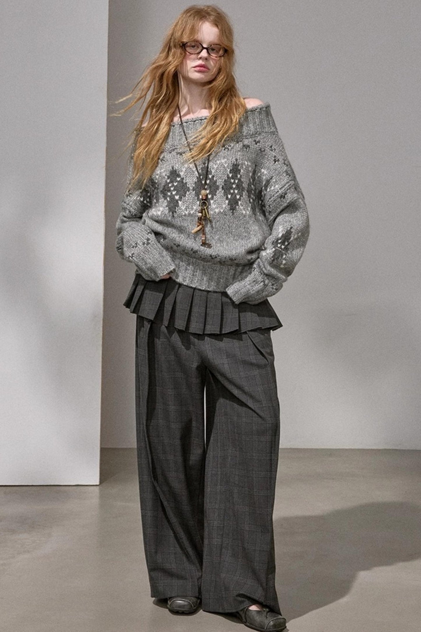 Thick Knit Argyle Off-Shoulder Sweater