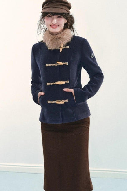 Vintage Toggle Woolen Fur Collar Coat