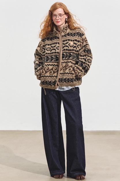 Fleece Jacquard Stand-Up Collar Coat