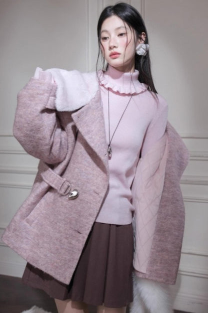 Cream Pink Hooded Wool Coat Set