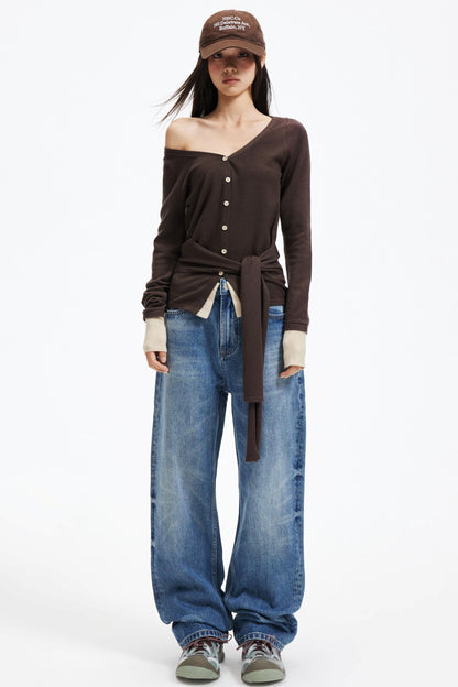 Washed Blue Ripped Denim Pants