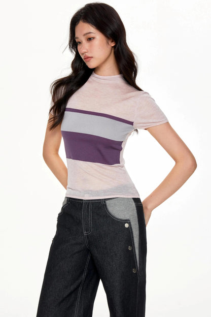 Color Collision High Neck Slim Top
