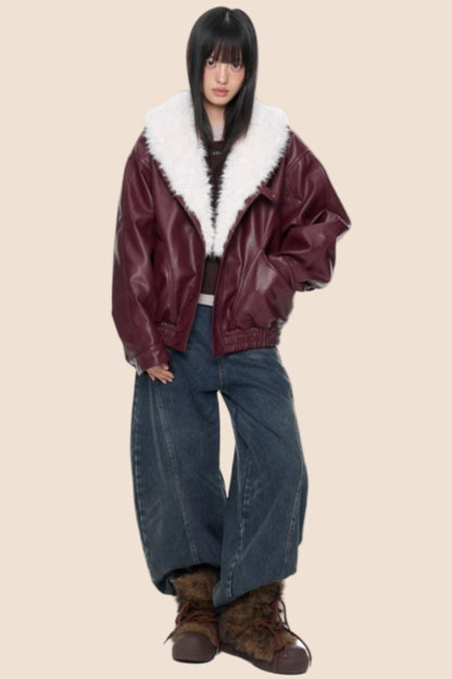 Fur Collar Leather Jacket Coat