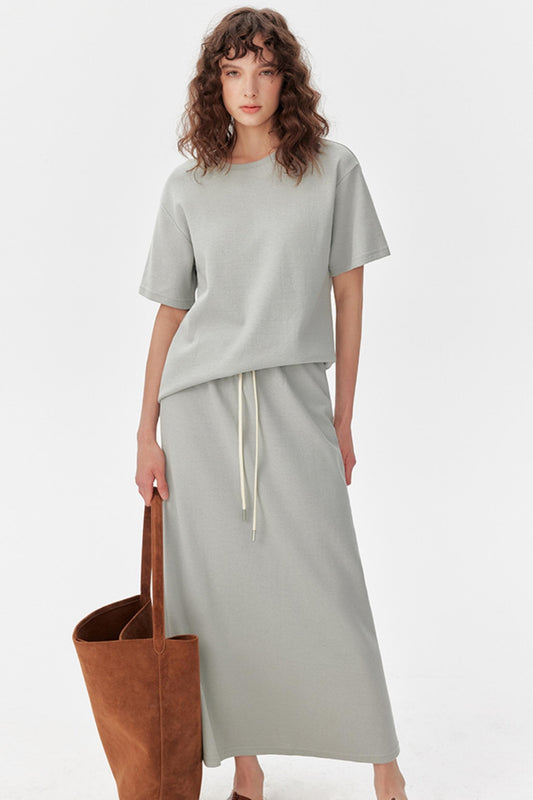 Grey Textured T-Shirt And Skirt Set-Up