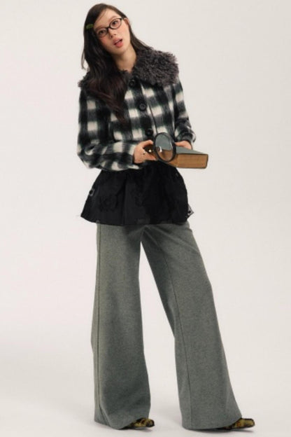 Plaid Wool Fur Collar Jacket