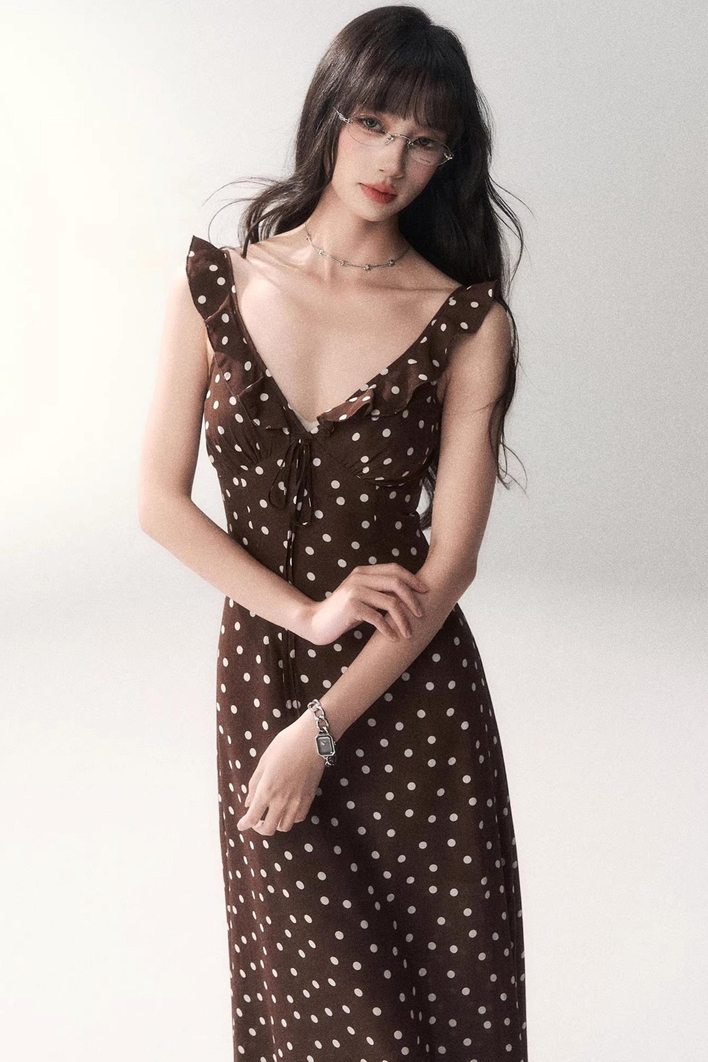 Brown Polka Dot Strap Dress