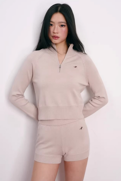 Cherry Embroidery Half-Zip Top Set