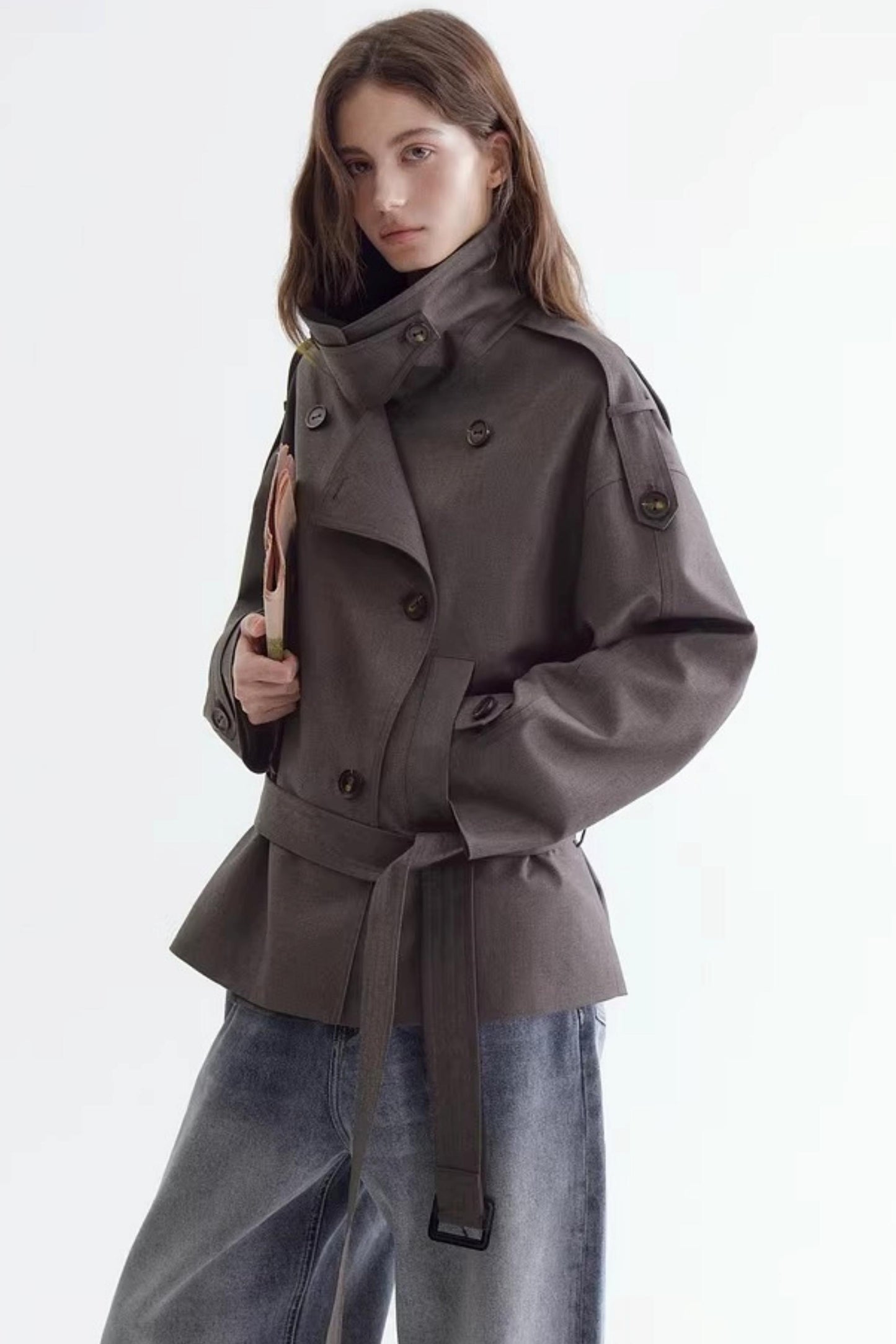 Off-Shoulder Double-Breasted Trench Coat