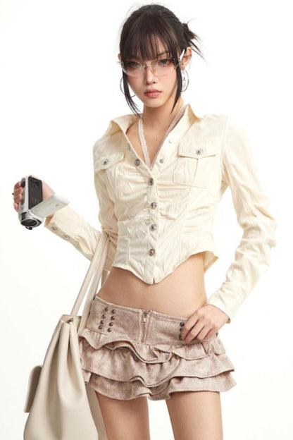 Apricot Rhinestone Pleated Shirt