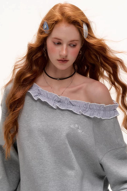Asymmetrical Striped Ruffle Sweatshirt