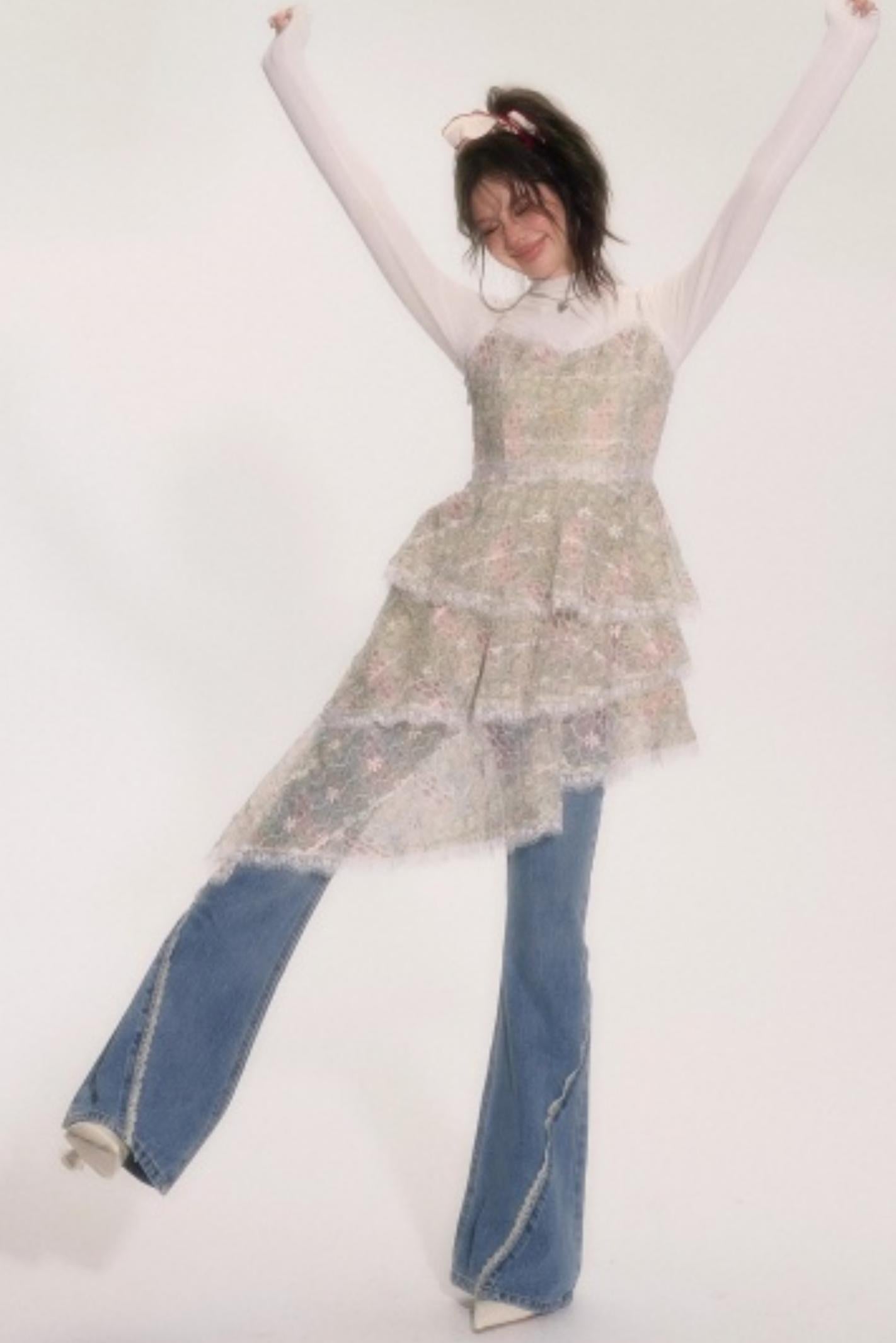 Embroidered Lace Ruffle Dress