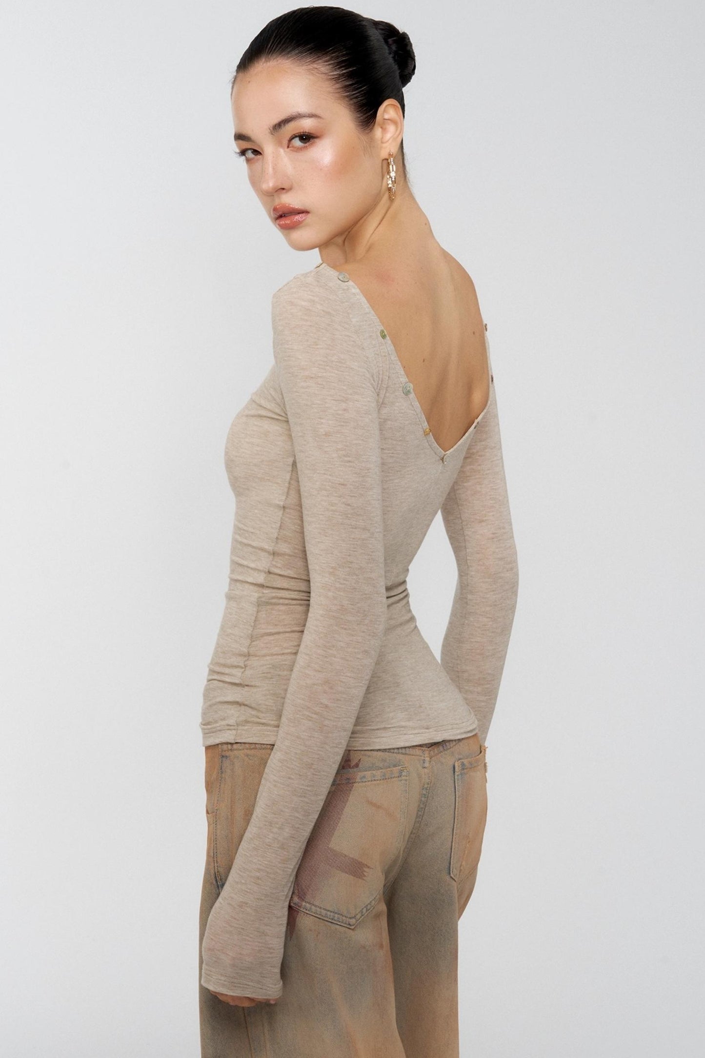 Diamond Khaki V-Neck One-Shoulder Top