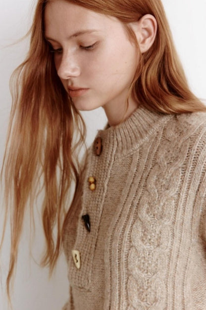 Natural Wooden Horn Buckle Knit Sweater