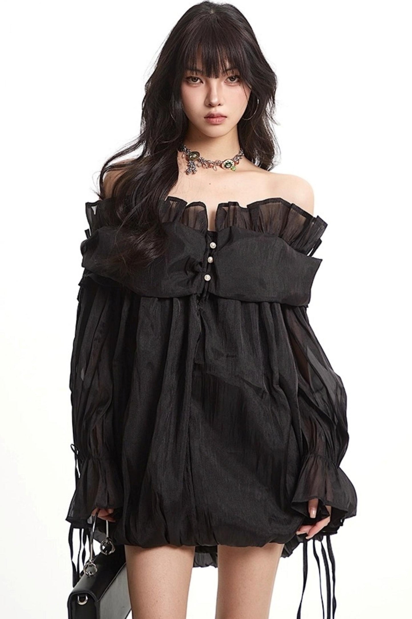 Mesh Ruffled Long Sleeve Dress