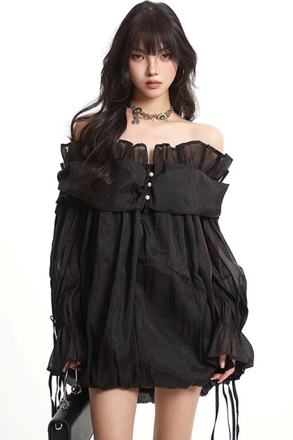 Mesh Ruffled Long Sleeve Dress