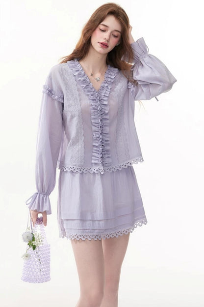 Chic Bubble Sleeve Shirt & Skirt Set-Up