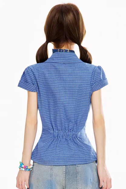 Retro Blue Plaid Blouse