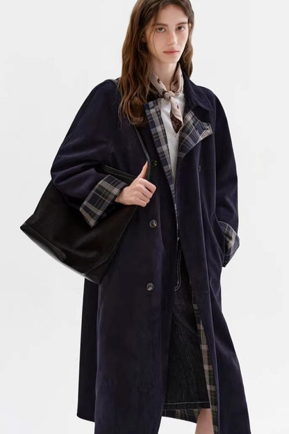 Contrasting Plaid Suede Coat