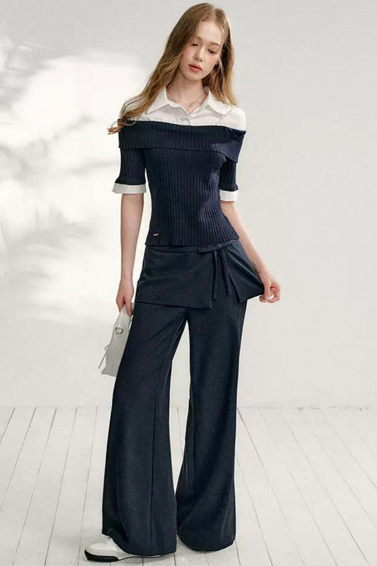 Color-Block Shirt Collar Knit Set-Up