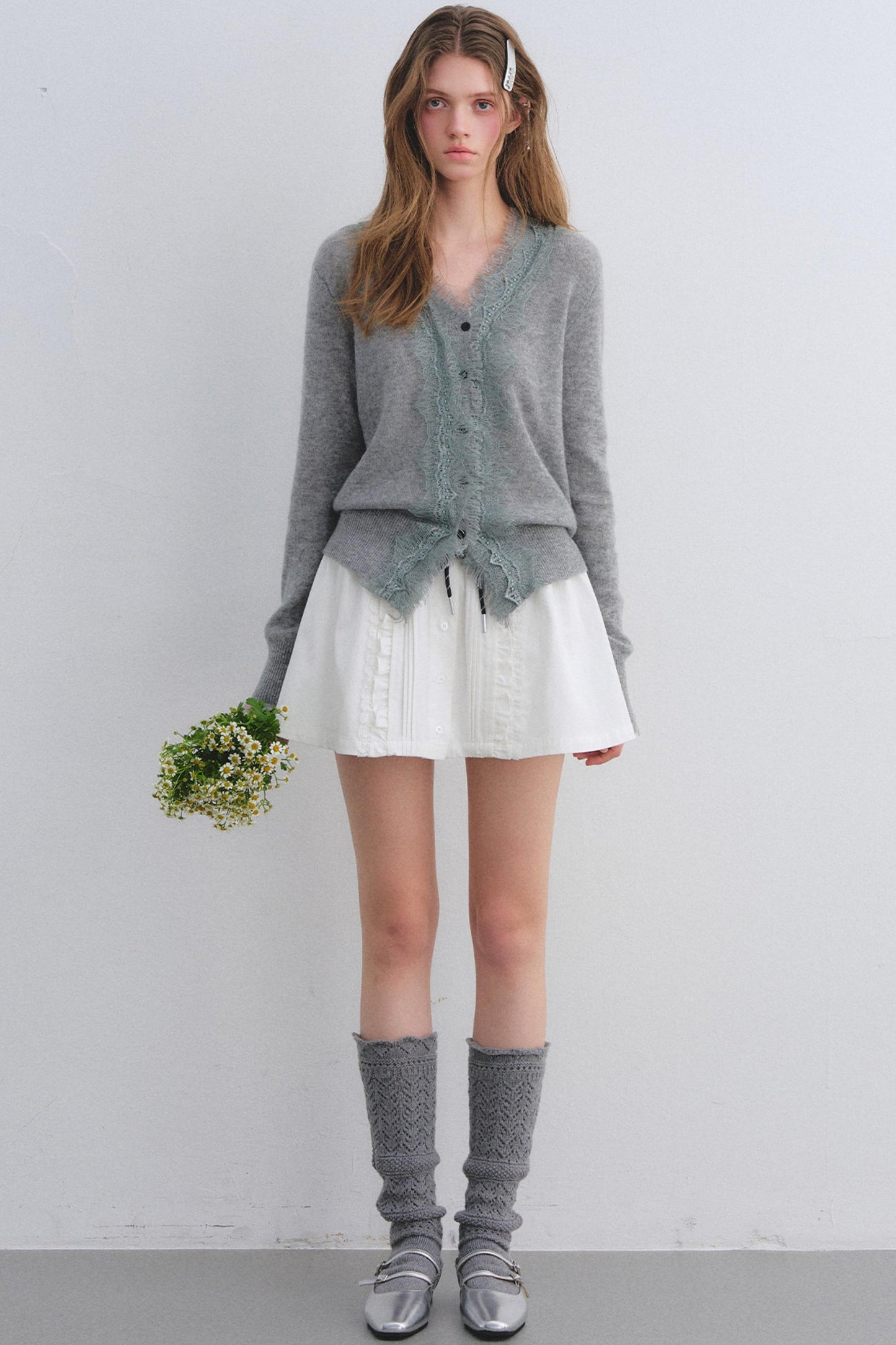 Wool Lace V-Neck Knit Top