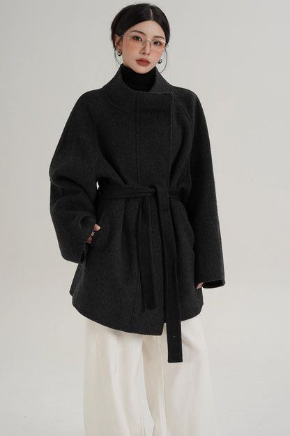 Elegant Woolen Lace-Up Coat