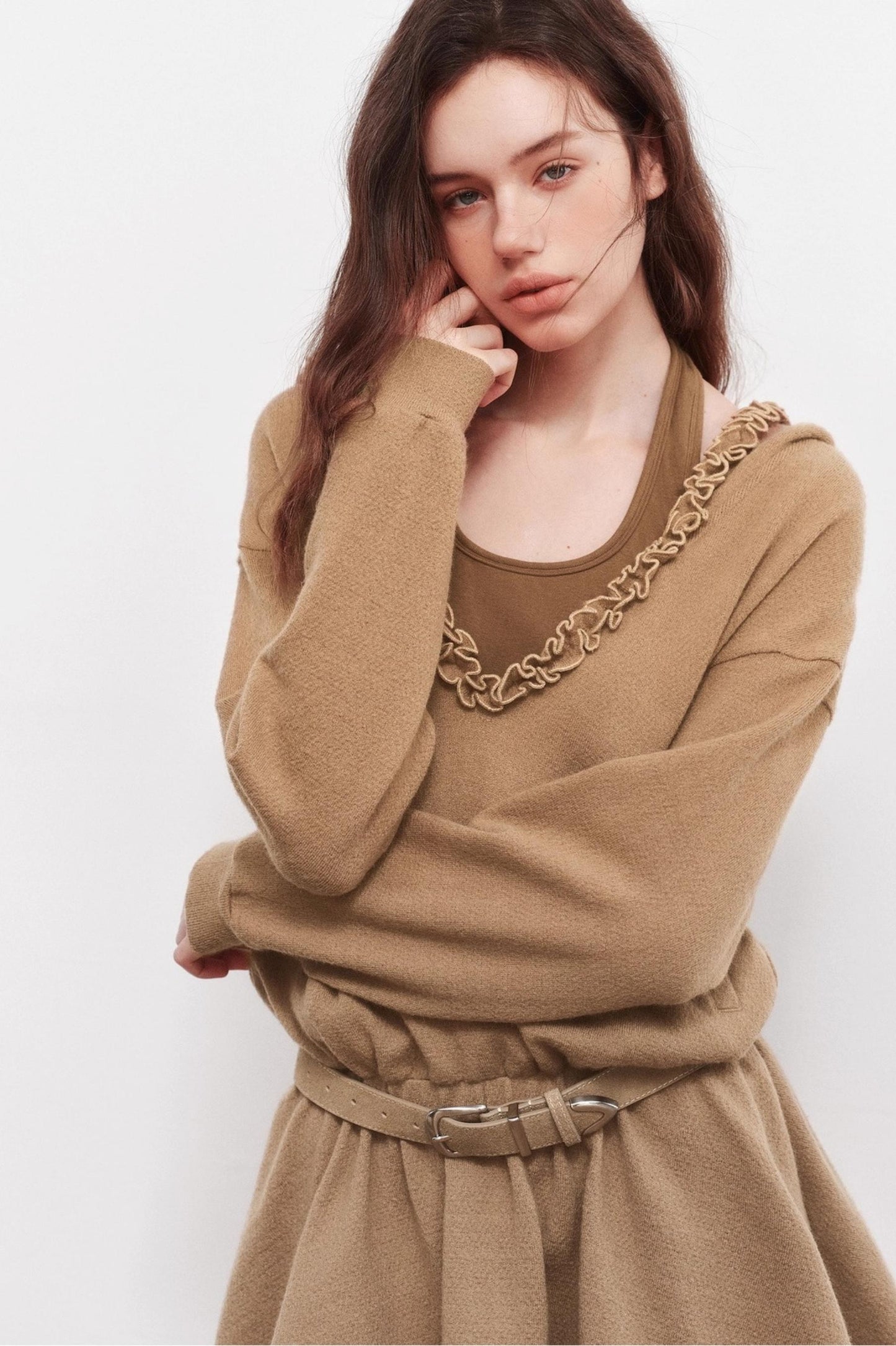 V-Neck Long Sleeve Ruffled Dress