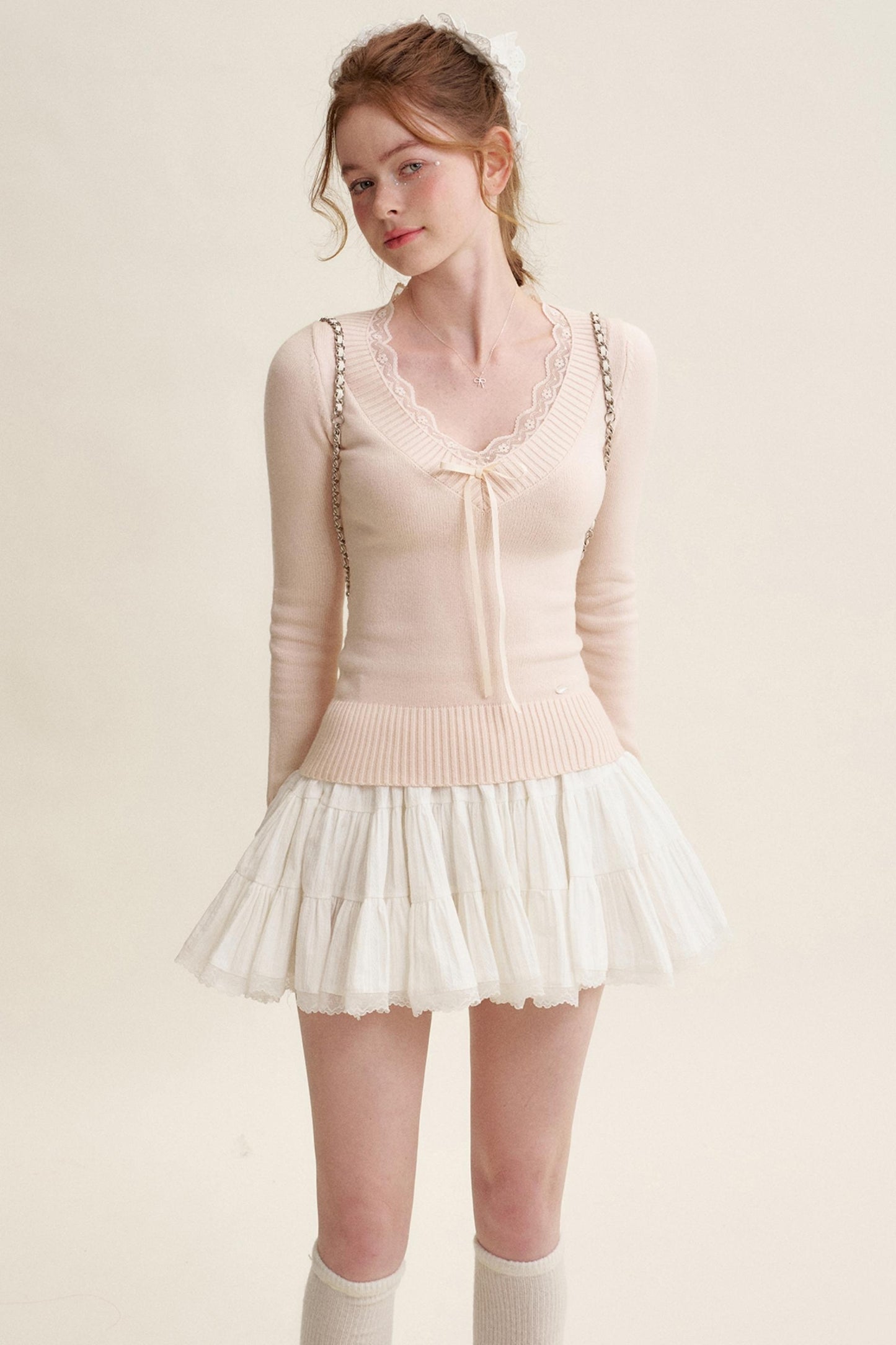 Peach Lace Sweater Tops