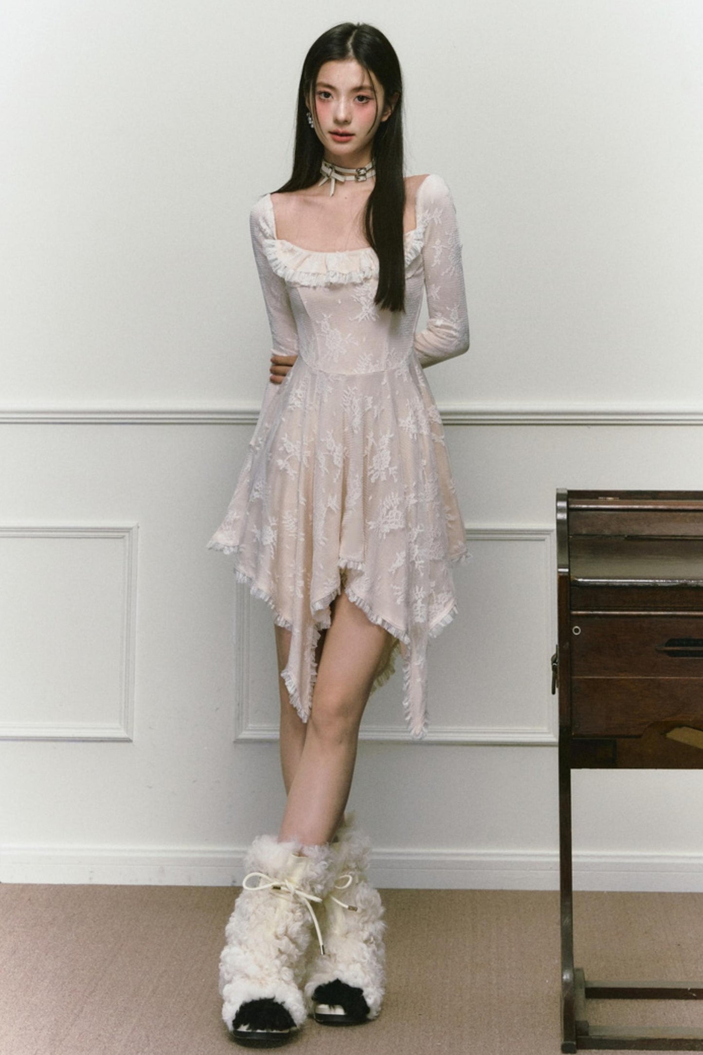 Square Neck Asymmetric Long Sleeve Dress