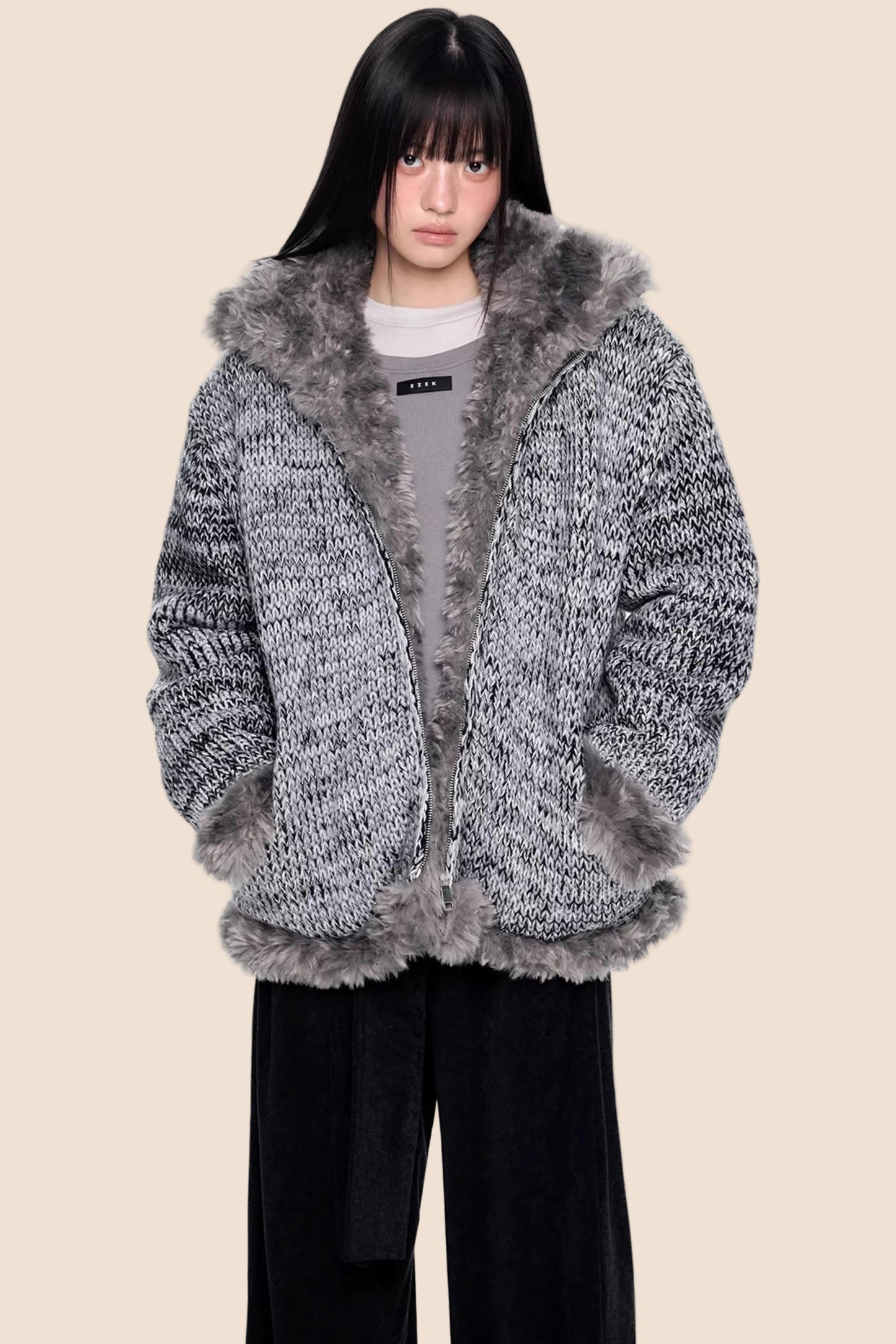 Fur Collar Knitted Reversible Jacket