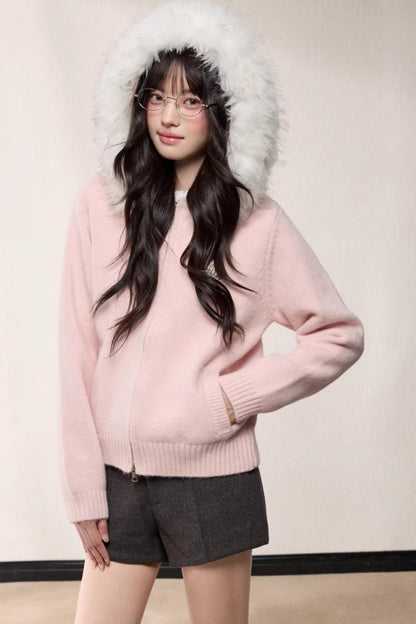 Fur Collar Hooded Knit Cardigan
