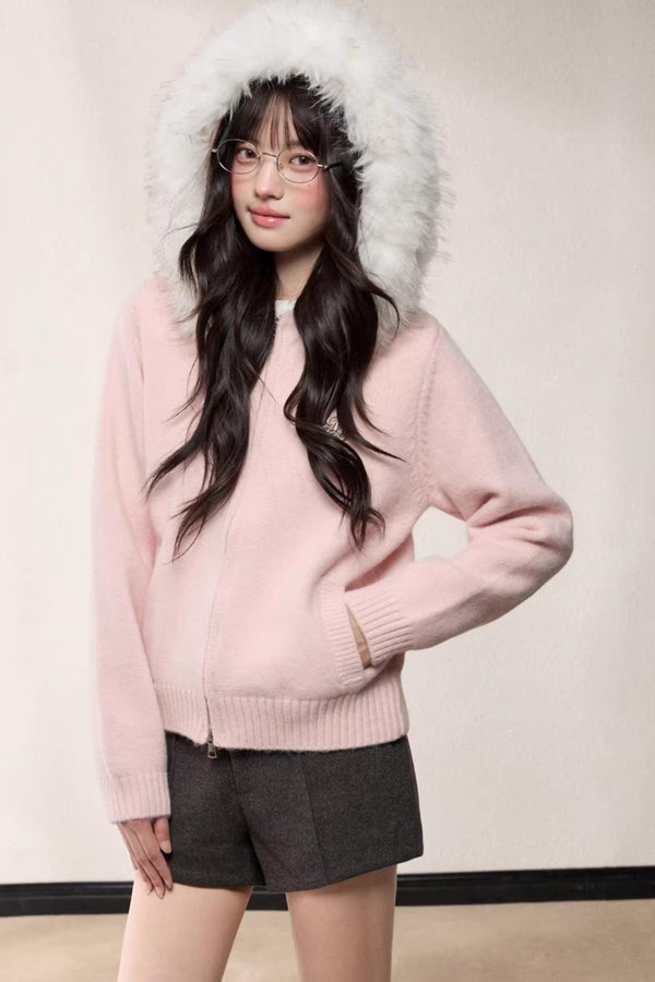 Fur Collar Hooded Knit Cardigan