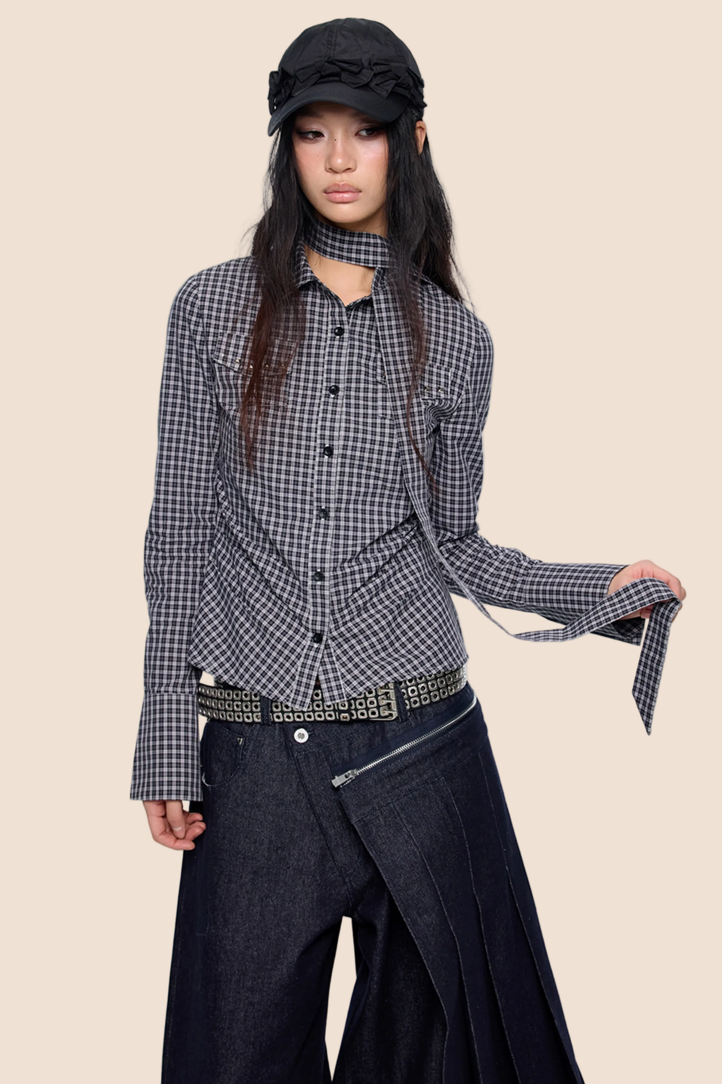 Plaid Lace-Up Bow Blouse