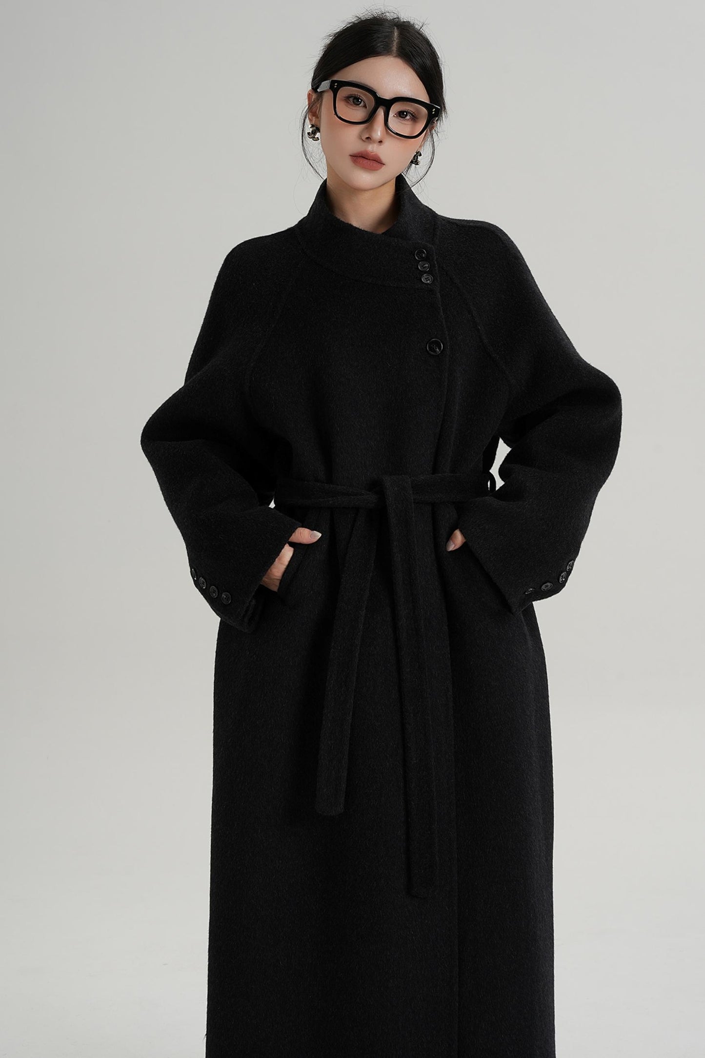Diagonal Collar Woolen Long Coat