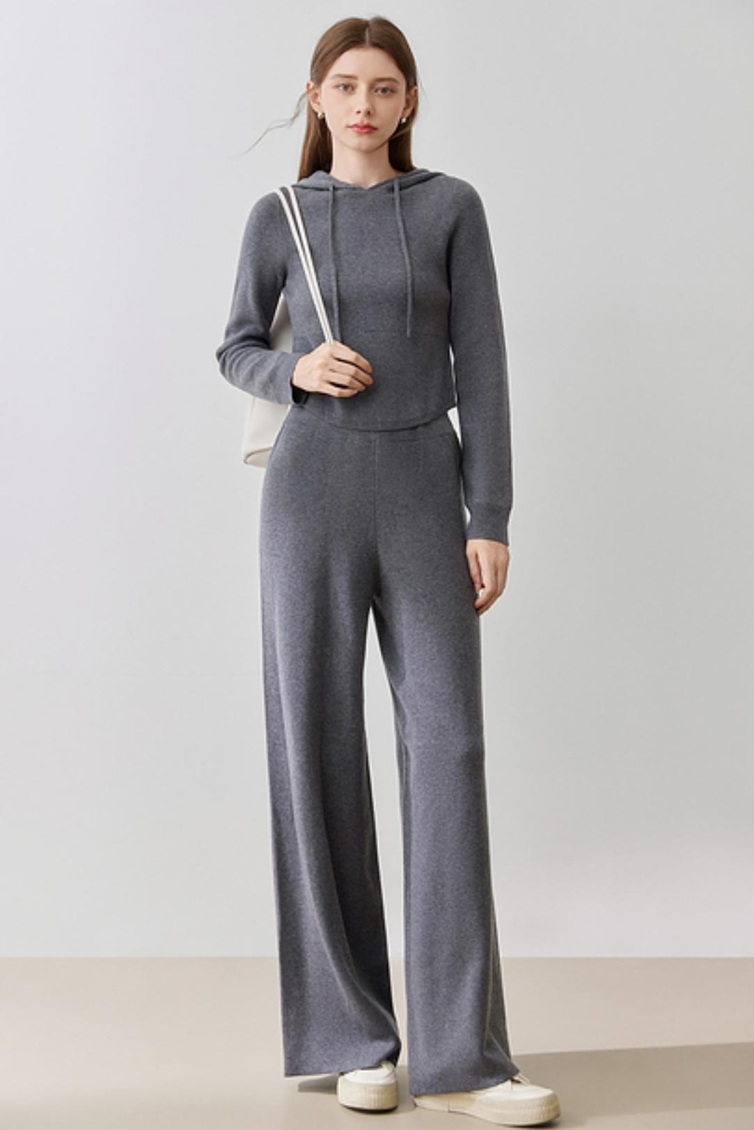 HOODED KNIT SWEATER & WIDE-LEG PANTS SET