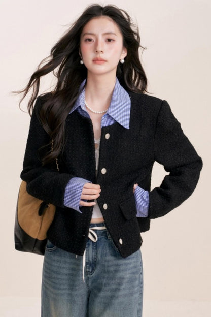 Tweed Plaid Panel Fake Two Jacket