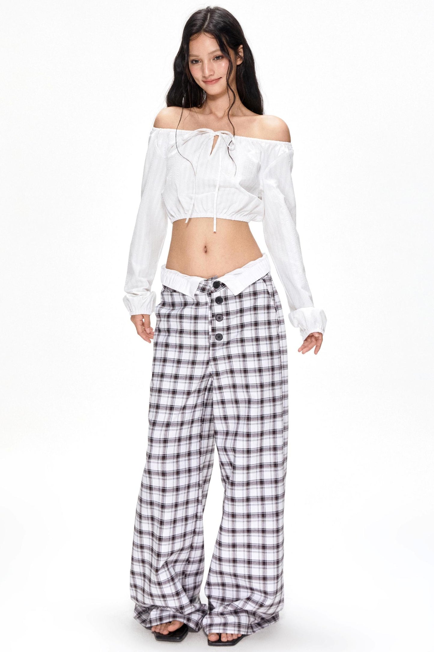 Summer Plaid Wide-Leg Pants