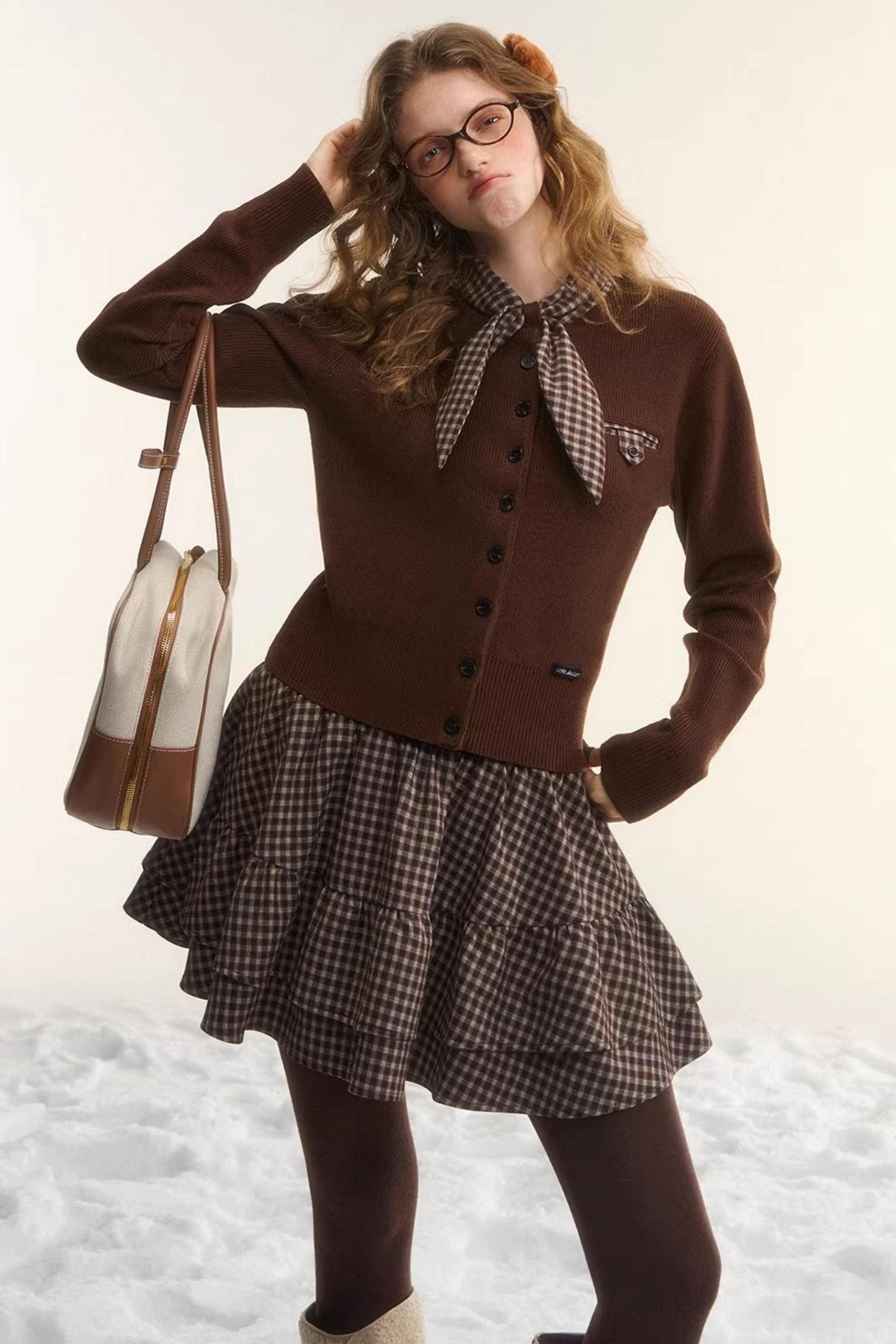 Plaid Melard Knit Top Skirt Set-Up