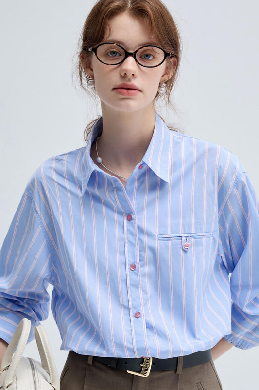 VEGA CHANG French Striped Shirt Women's Fall 2024 New Loose and Thin Blue Casual Top