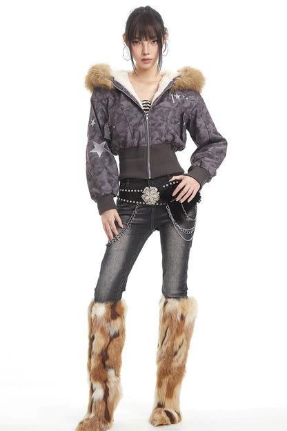 Retro Camouflage Fur Collar Hooded Jacket