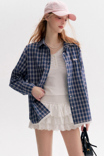Lace Panel Check Loose Shirt Set-Up