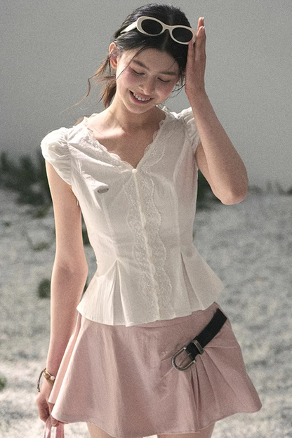 French V-Neck Lace Blouse
