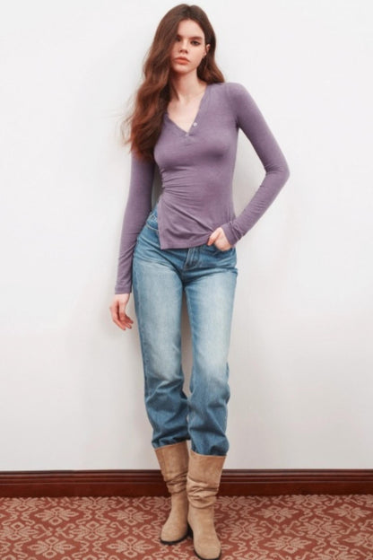 V-Neck High Slit Long Sleeve Slim Top