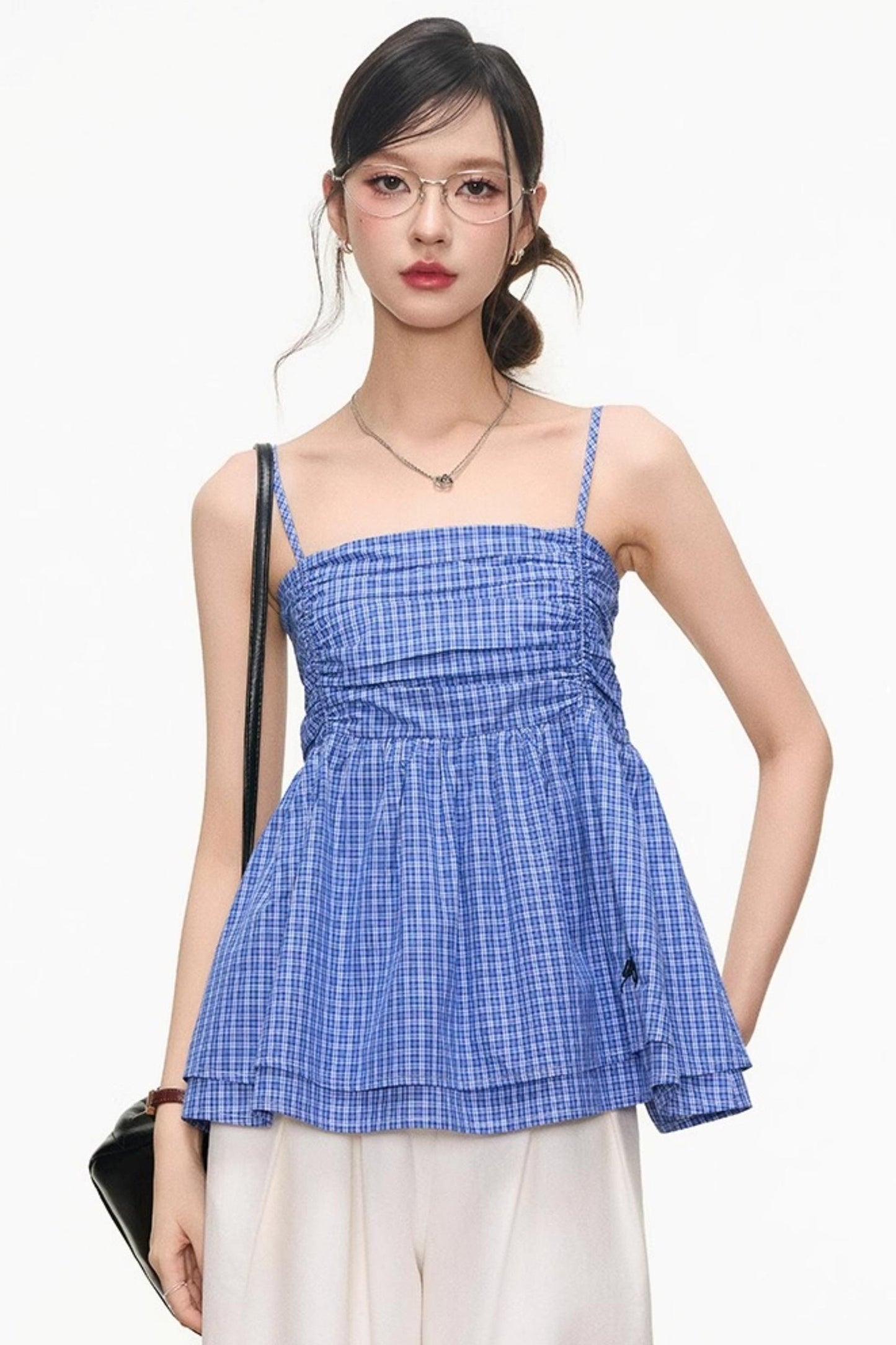 Plaid Strapless Top & White Pants Set-Up