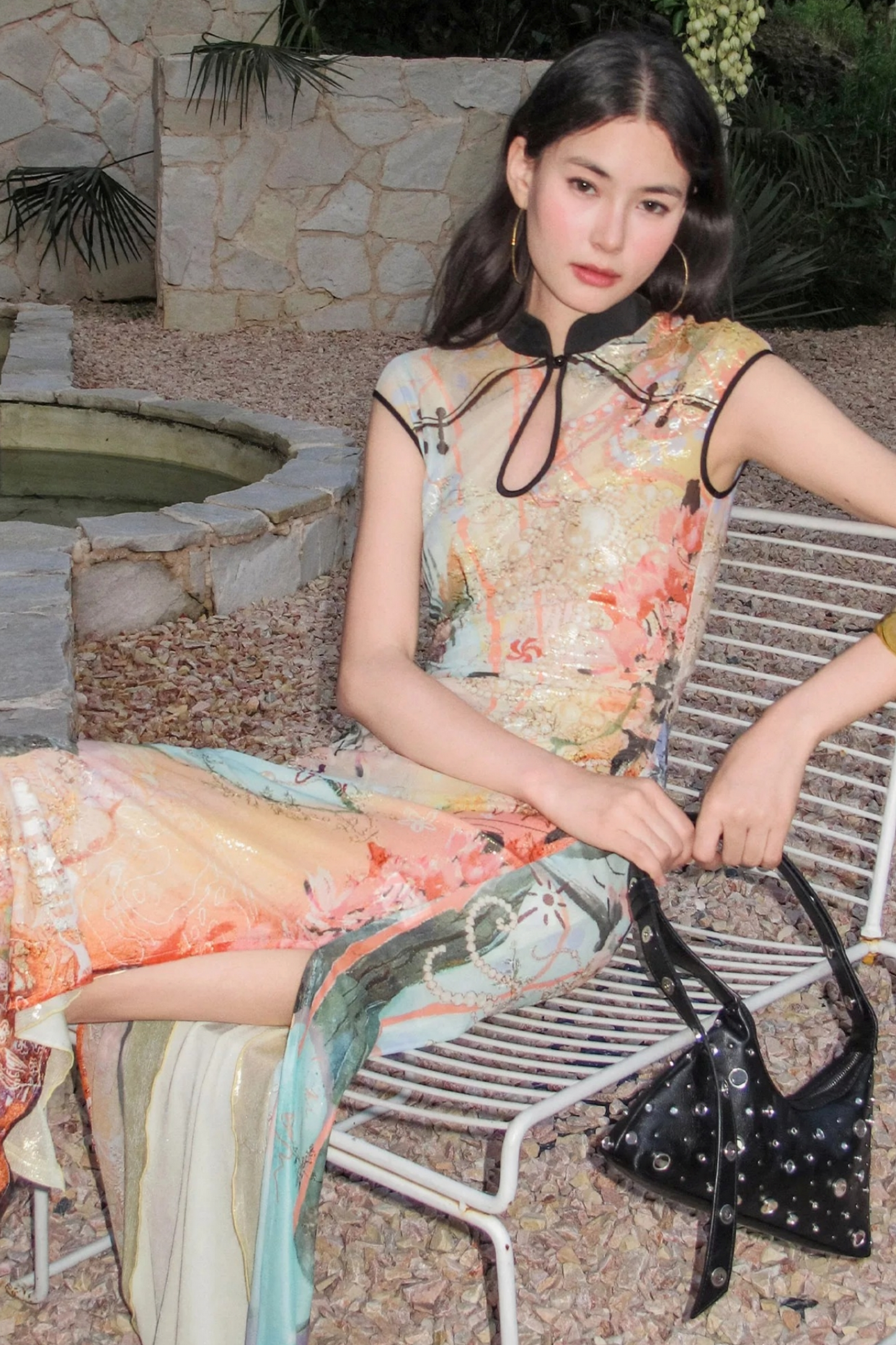 Shoulder-Sleeve Quicksand Print Stretch Cheongsam Dress