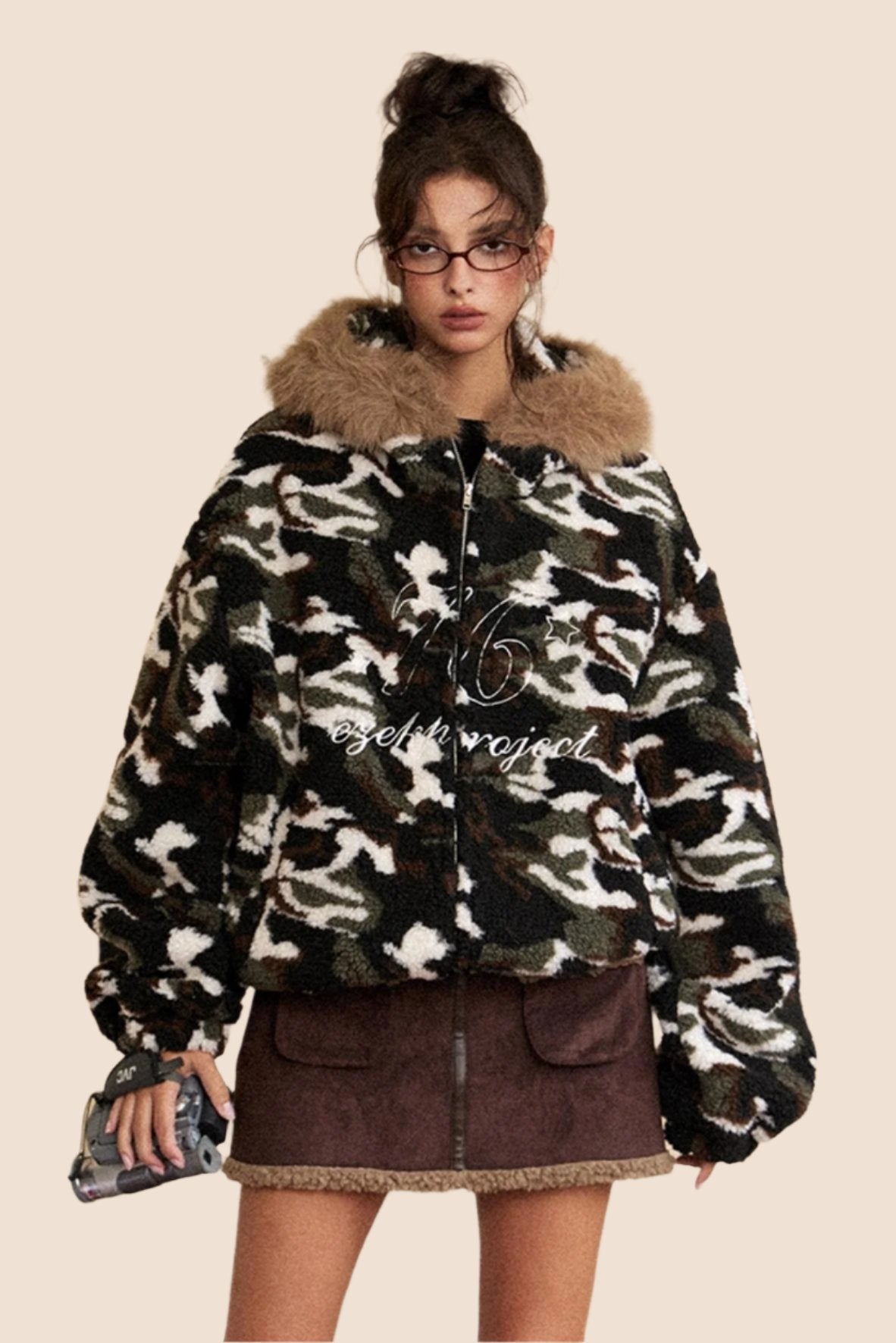 Retro Fur Collar Camouflage Wool Coat