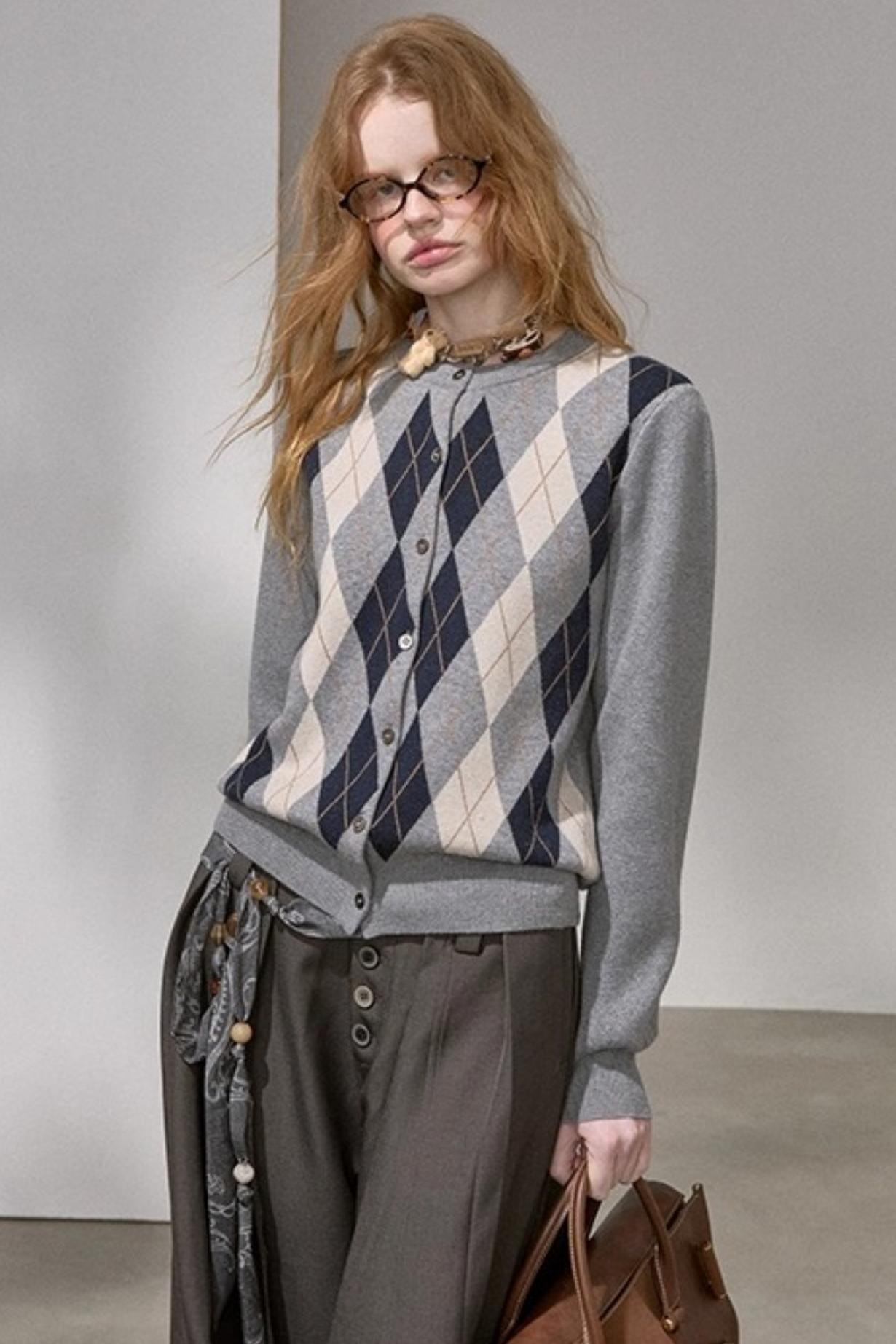 Retro Diamond-Pattern Knit Top