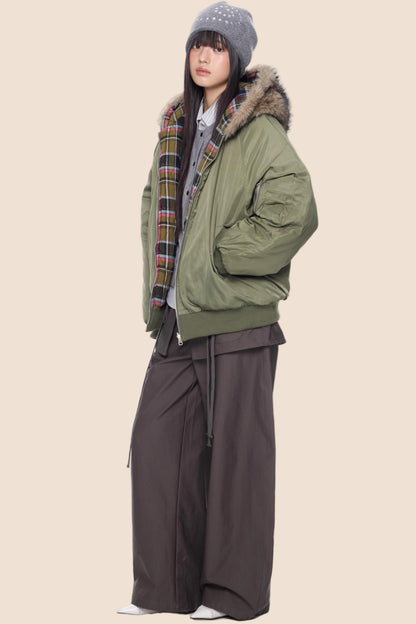 Fur Collar Plaid Parka Jacket