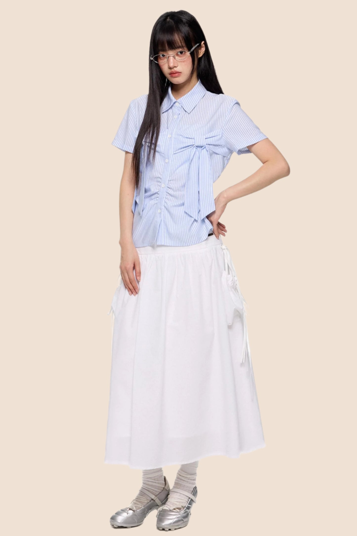 Light Blue Striped Bow Blouse