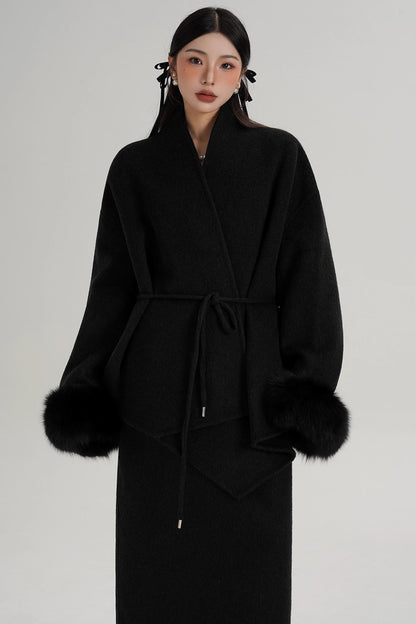 Elegant Fox Fur Sleeve Wool Coat