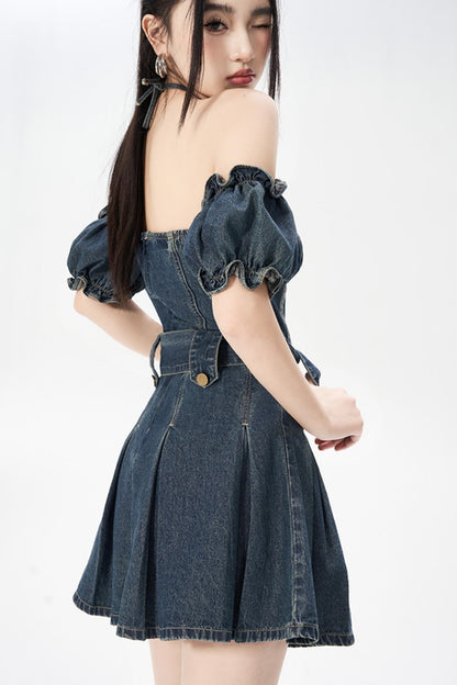 Vintage One-Shoulder Bubble Sleeves Denim Dress
